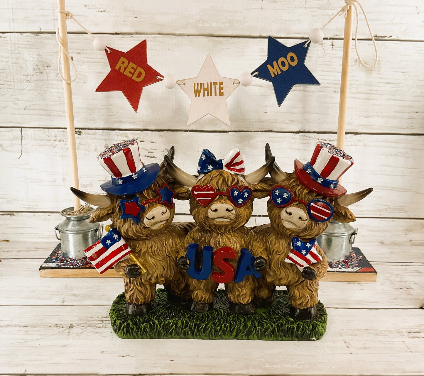 AGD Patriotic Decor - Red White Moo July 4th Highland Cows Banner Stand