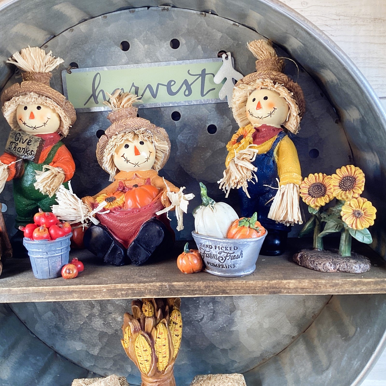 AGD Fall Decor - Resin Scarecrows Village Scene Metal Wall Shelf