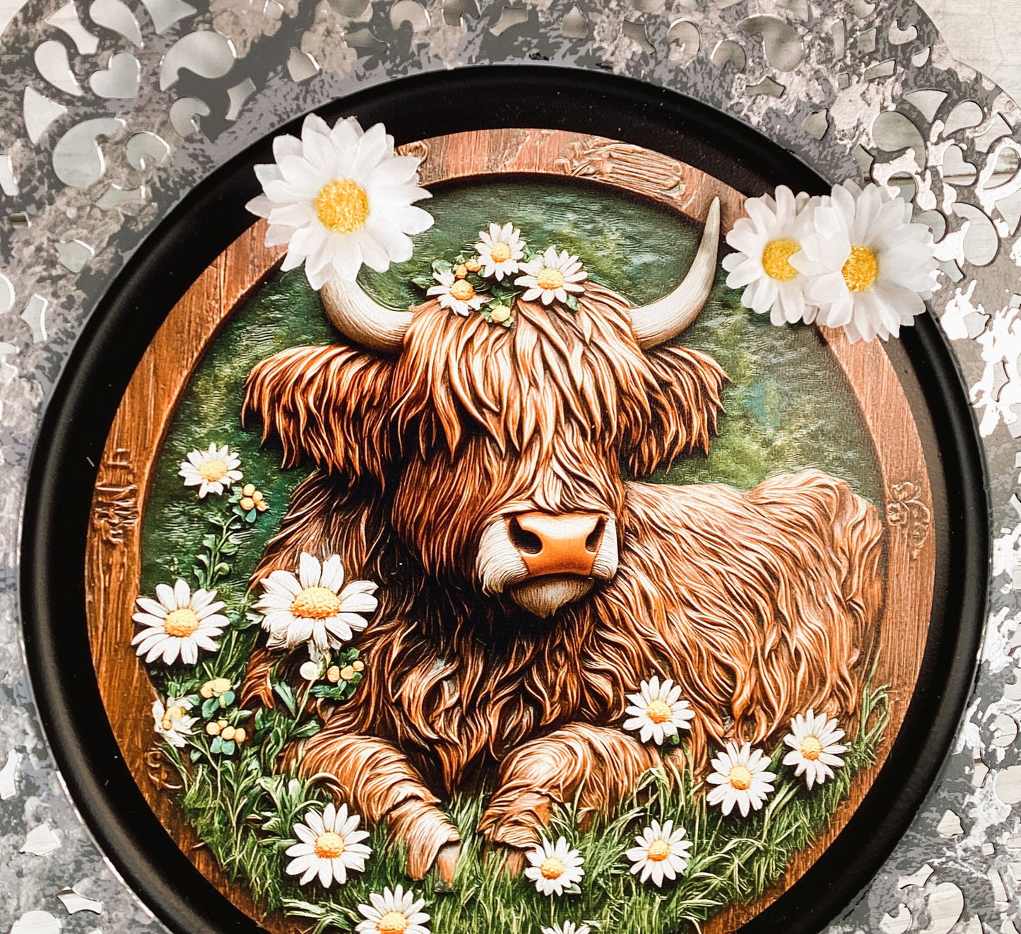 AGD Spring Decor - Daisy Highland Cow Charger Plate Tin Sign