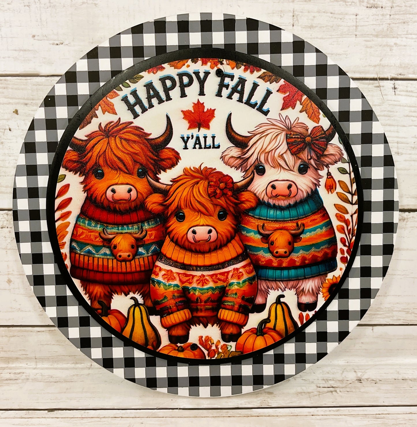 AGD Fall Decor - Happy Fall Highland Cows Door Wall Wreath Sign 10in