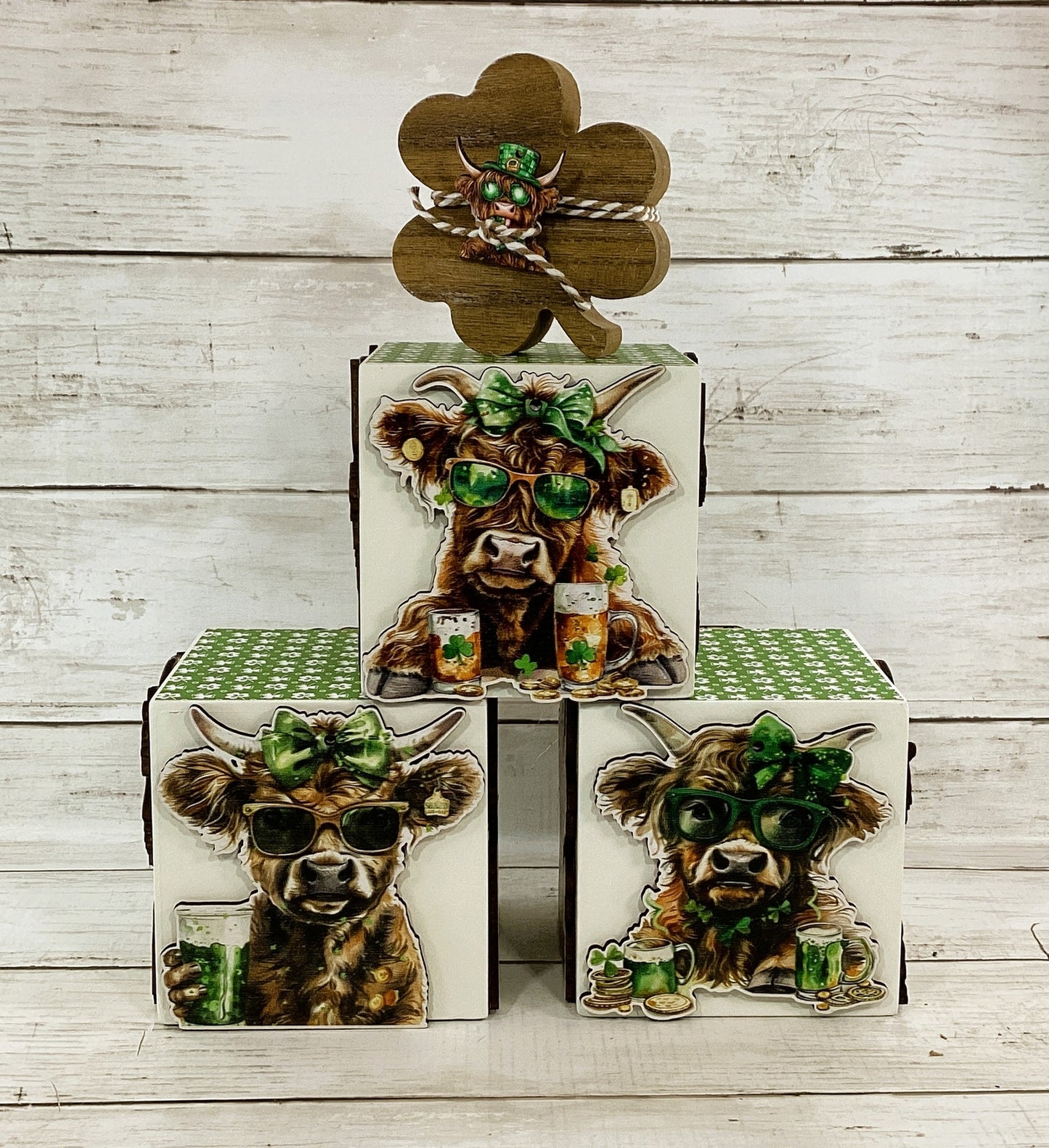 AGD AGD St Patrick Decor - Irish Highland Cow Wood Block 3pc