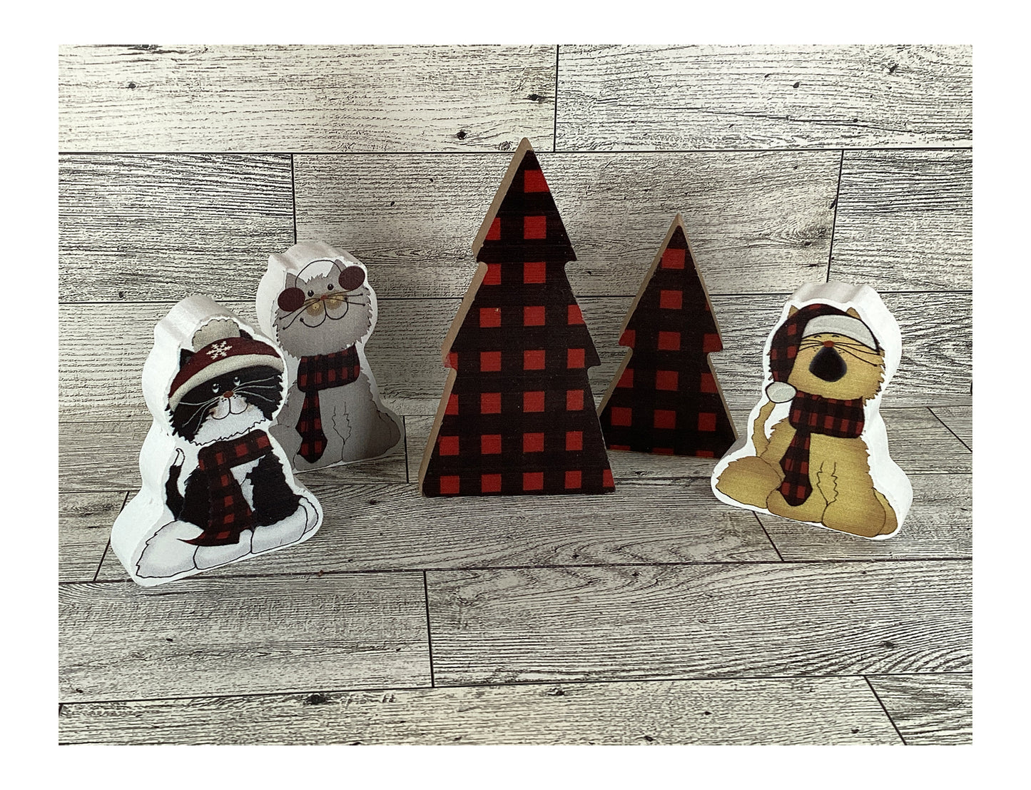 CWI Christmas Decor - Tier Tray Buffalo Check Cat Chunky Sitters 8pc