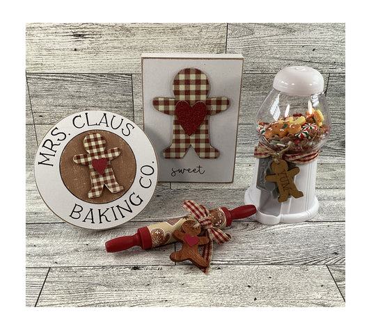 AGD Christmas Decor - Easel Sign Gingerbread Gumball Rolling Pin Tier Tray 4pc