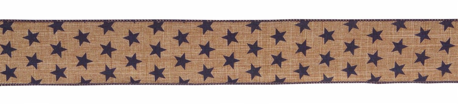 Melrose Floral Ribbon - Tan Linen Patriotic Blue Stars 2.5in x 10yd