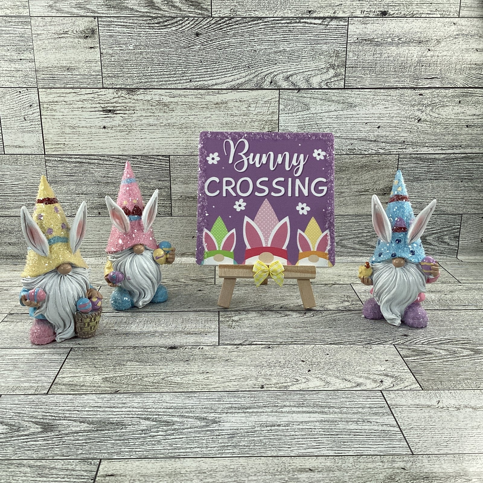 AGD Easter Decor - Resin Gnome Glitter Bunny Rabbit Tier Tray 4pc Set (F)
