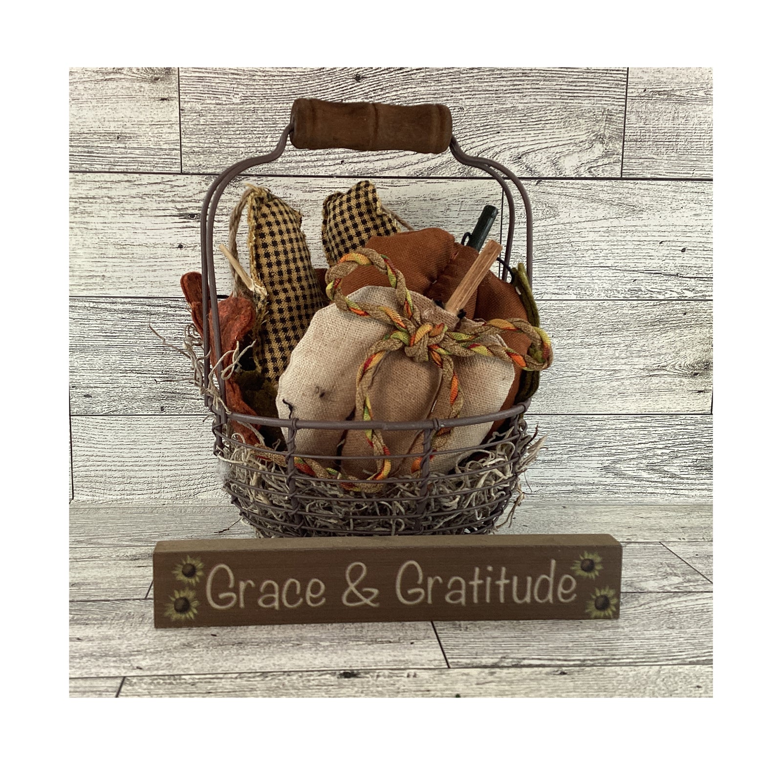 AGD Fall Decor - Metal Basket Filled with Fabric Pumpkin Corn Veggies