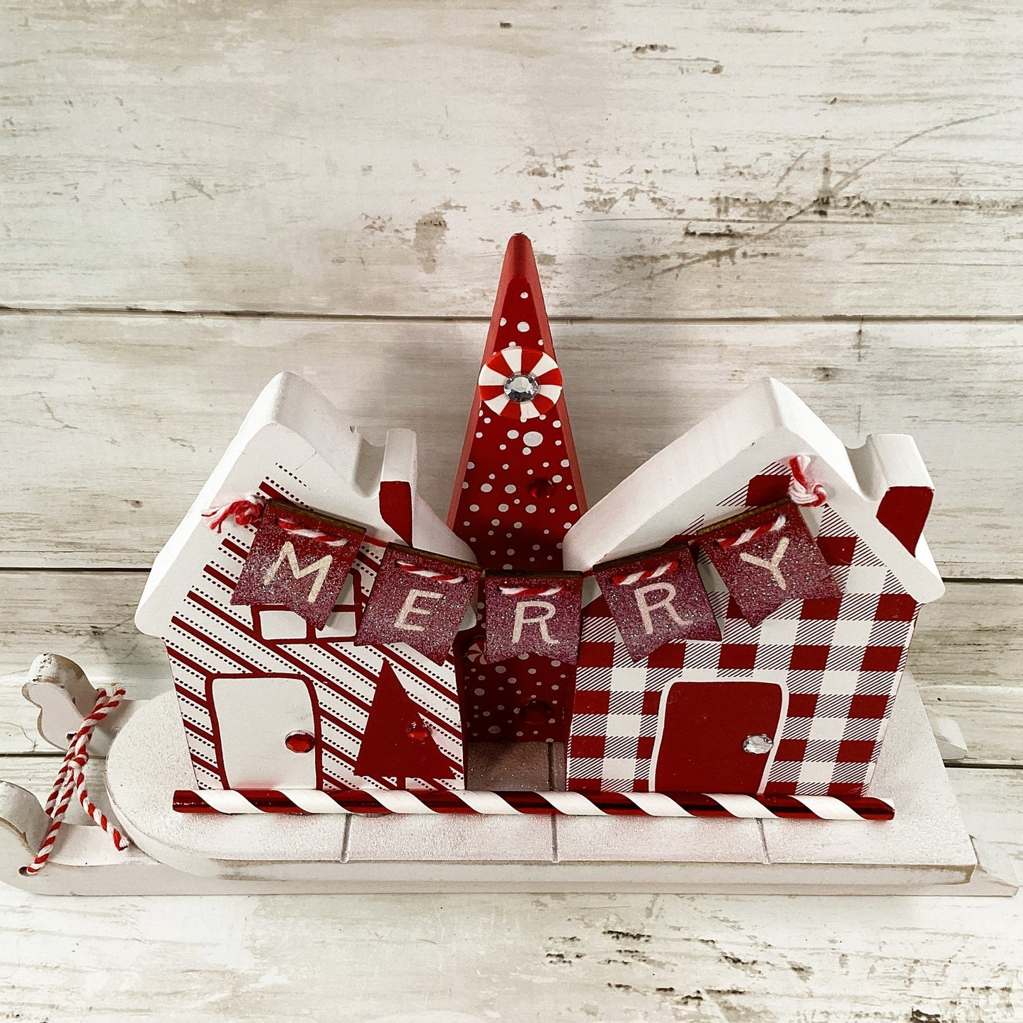 AGD Christmas Decor - Red White Peppermint House Tree Merry Sled