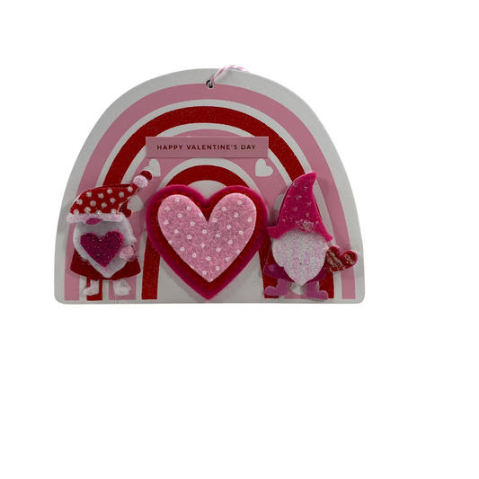 AGD Valentines Decor - Felt Gnomes and Heart Wood Rainbow Ornament