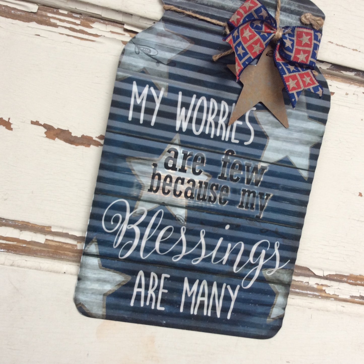 AGD Patriotic Decor - Prim Corrugated Metal Blessings Mason Jar Sign