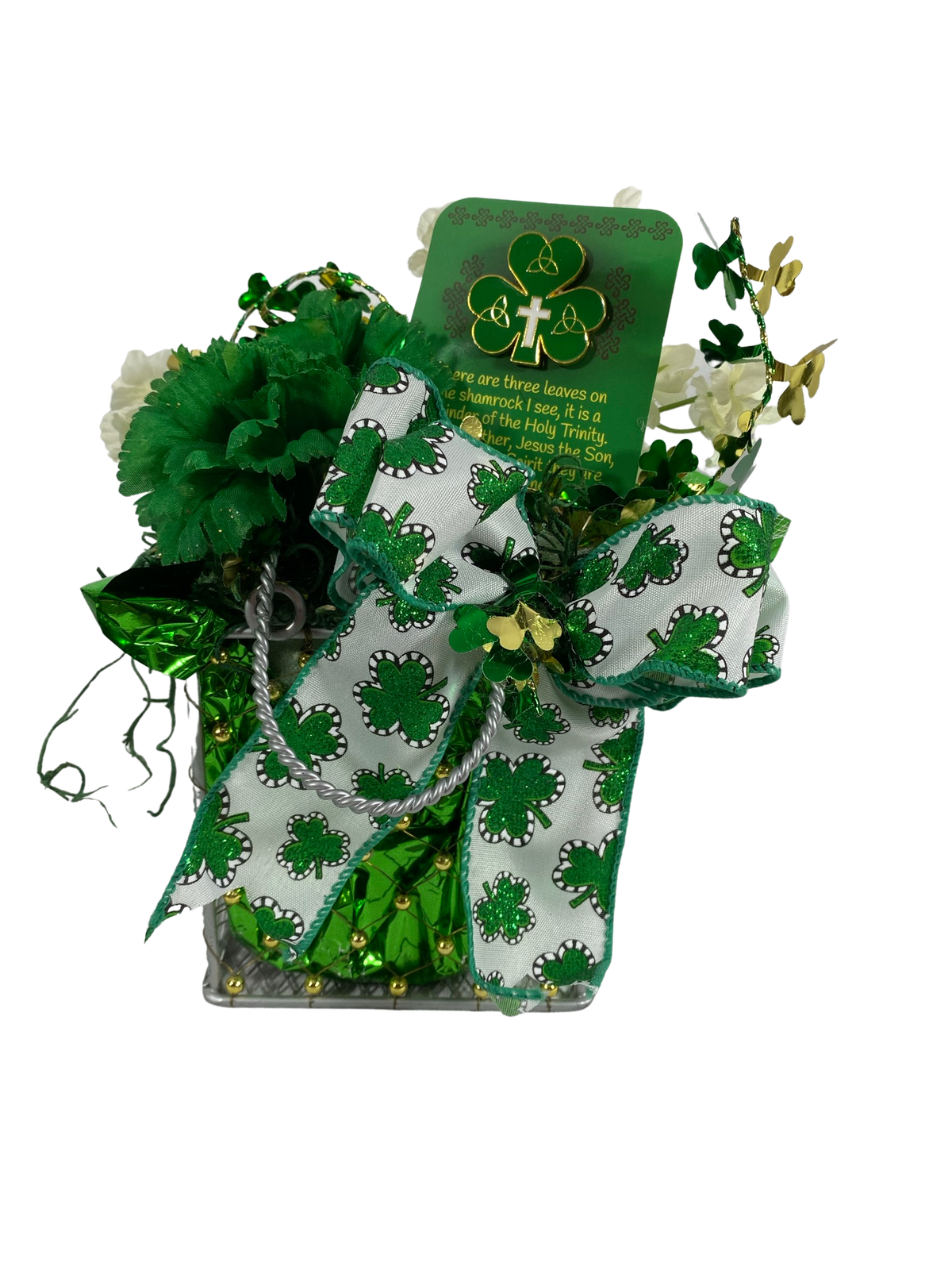 AGD Saint Patrick's Decor – Wire Basket Shamrock Cross Floral Display