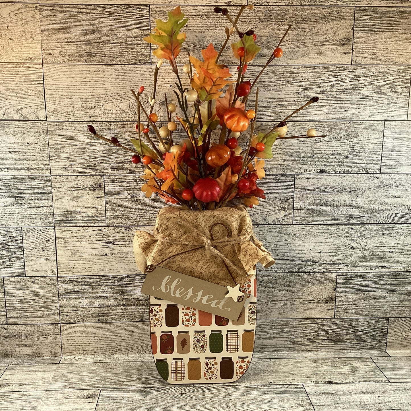 AGD Fall Decor - Autumn Blessed Grateful Floral Wood Mason Jar Display