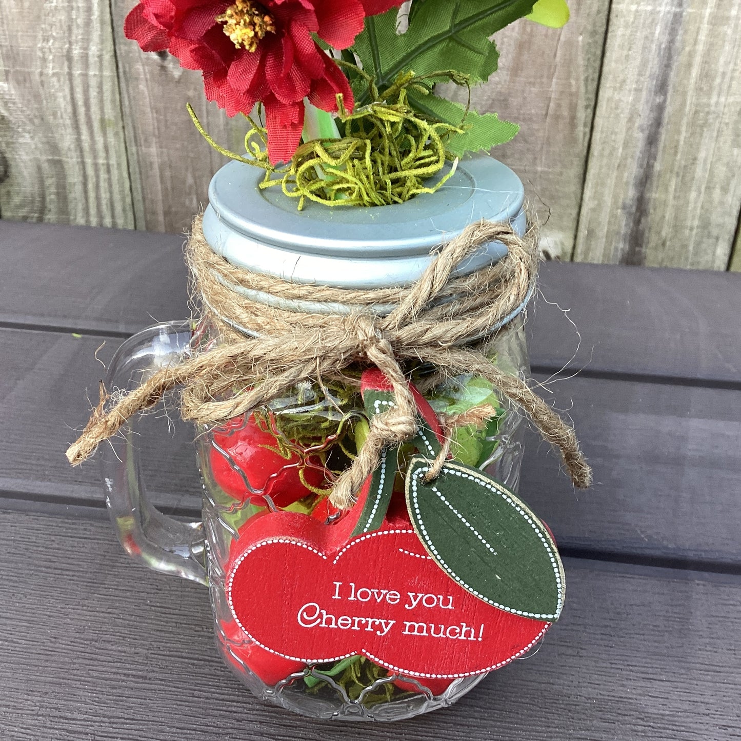 AGD Summer Decor - Faux Cherry Theme Mason Jar Glass Daisy Decor