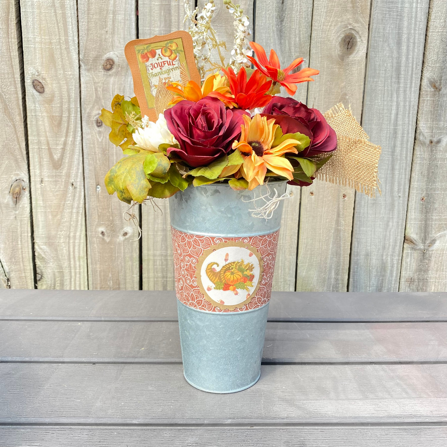 AGD Fall Decor  – Joyful Thanksgiving Galvanized Metal Floral Centerpiece
