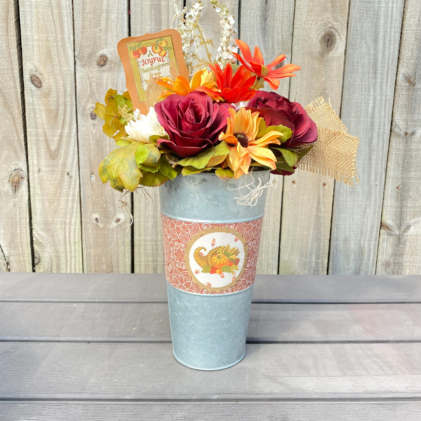 AGD Fall Decor  – Joyful Thanksgiving Galvanized Metal Floral Centerpiece