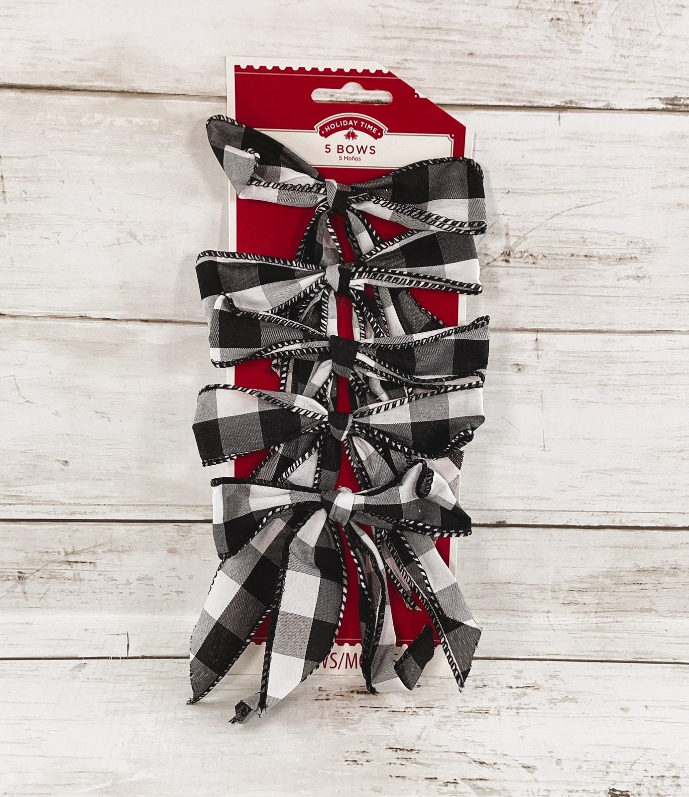 WM Christmas Decor - Small Ribbon Fabric Bows Black White Plaid 5pc