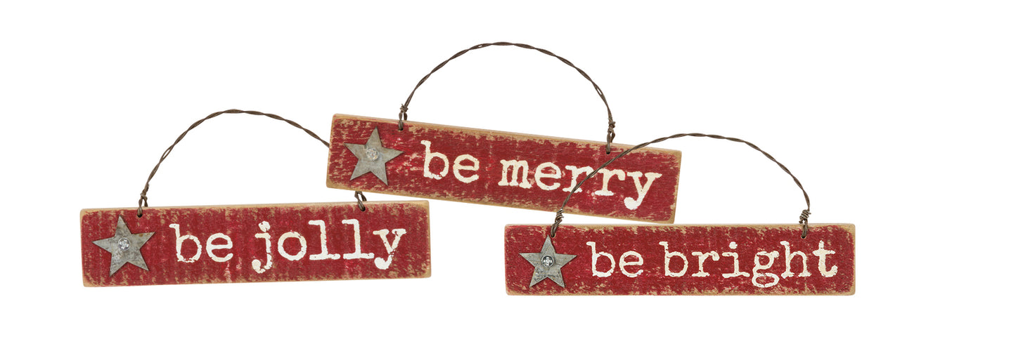 PBK Christmas Decor - Be Bright Be Merry Be Jolly Ornaments 3pc