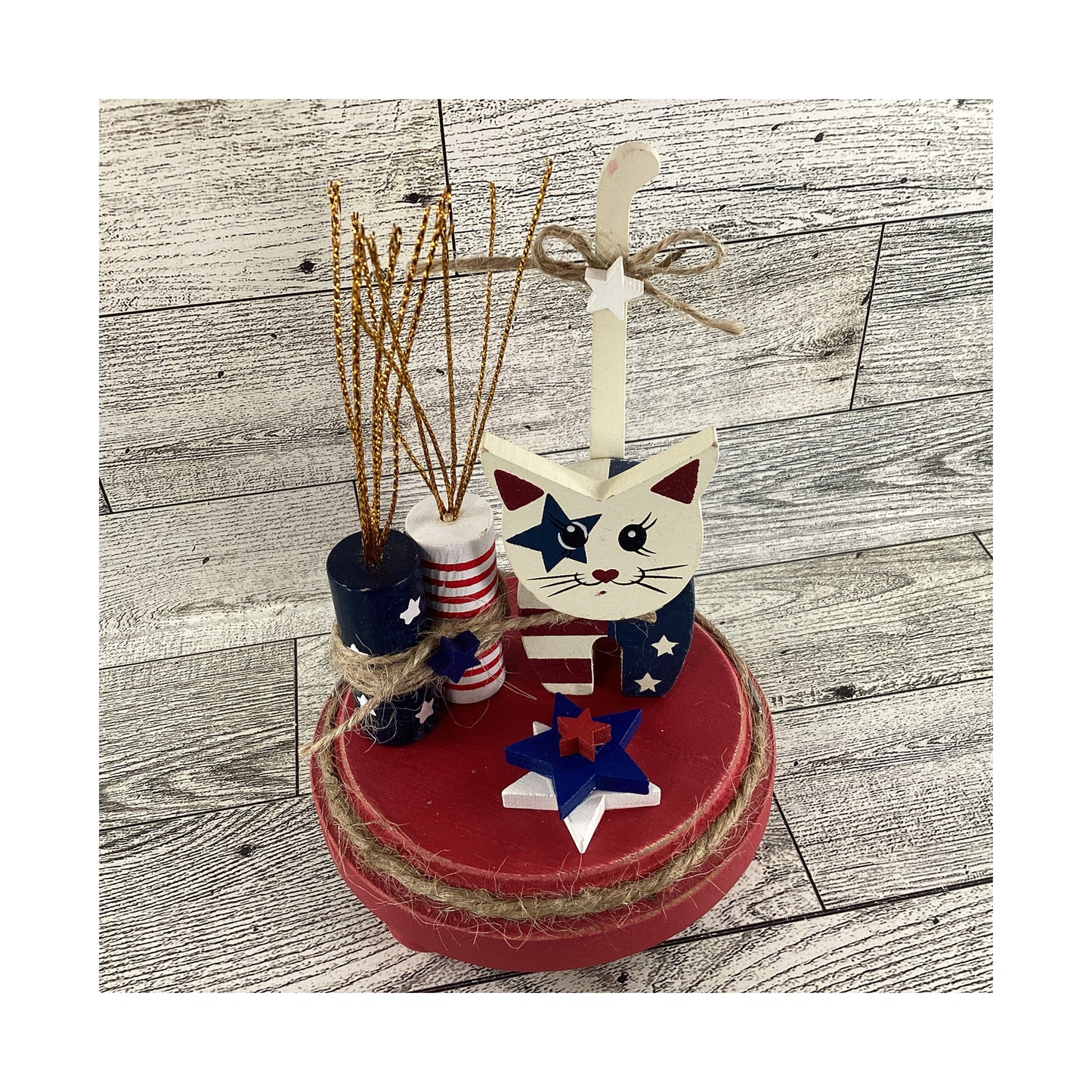 AGD Patriotic Decor - Red White Blue July 4th Wood Cat & Sign