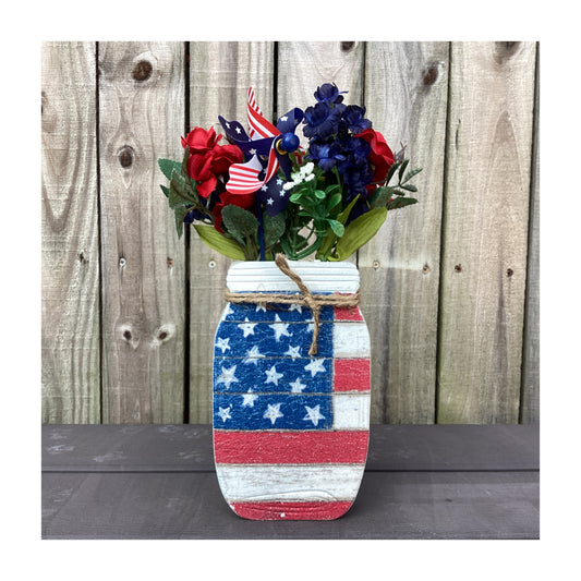 AGD  Patriotic Decor - American Flag Floral Wood Mason Jar Display