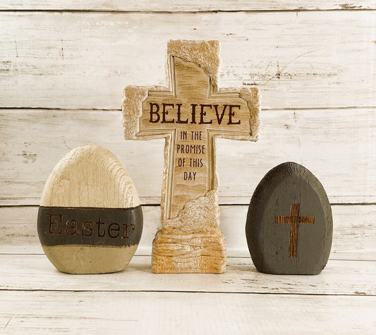 CWI Easter Decor - Promise of Easter Cross & Wood Eggs 3pc Set