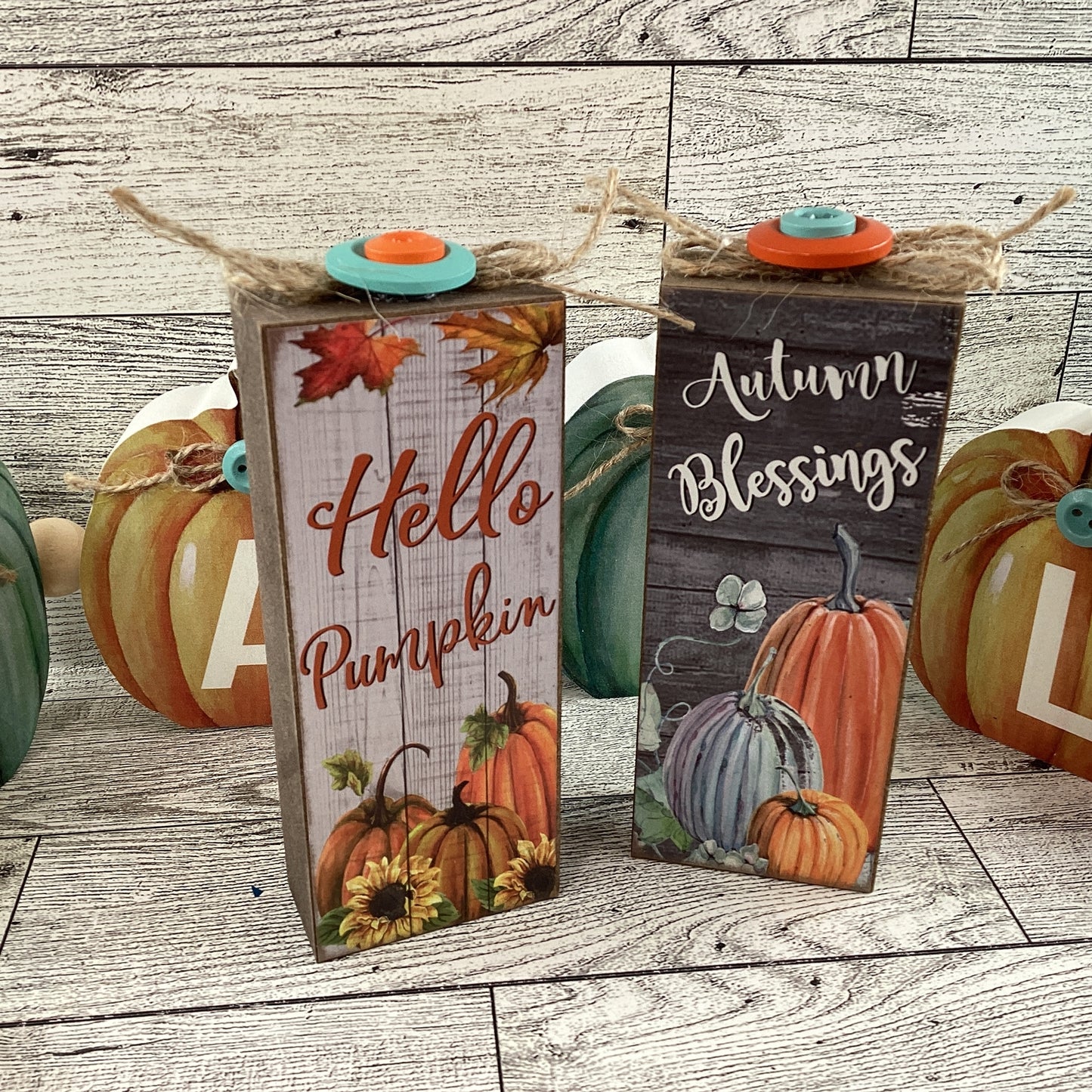 AGD Fall Decor - Chunky Wood Fall Pumpkins Hello Autumn 3pc