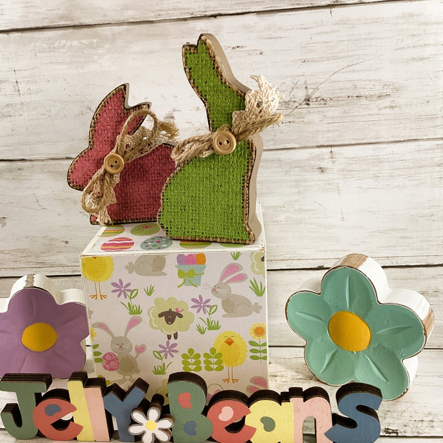 AGD Easter Decor - Jellybeans Block Signs Rabbit Spring Flowers Display