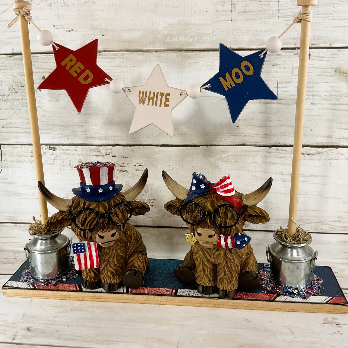 AGD Patriotic Decor - Red White Moo July 4th Highland Cows Banner Stand