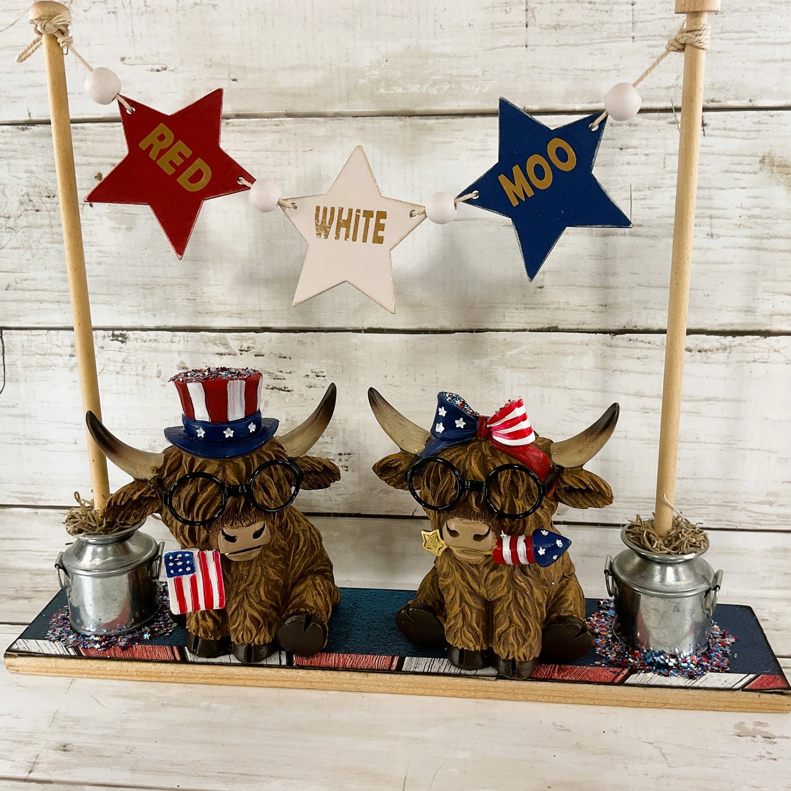 AGD Patriotic Decor - Red White Moo July 4th Highland Cows Banner Stand