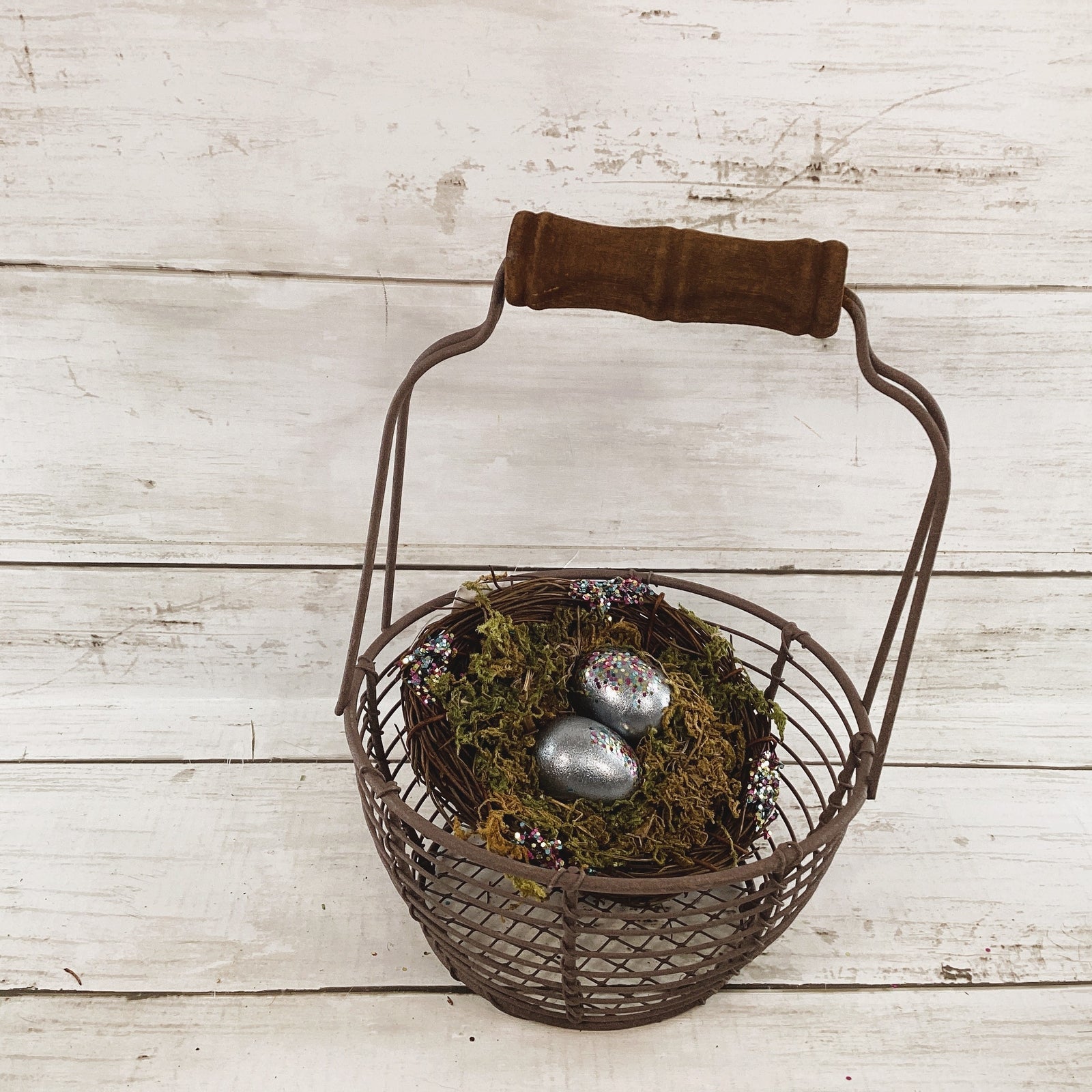 CWI Easter Decor - Prim Egg Basket Wood Eggs Birds Nest Blue Bundle