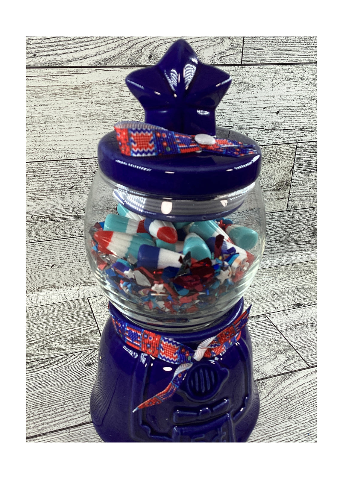 AGD Patriotic Decor - Small Ceramic Blue Gumball Jar Resin Fake Candy Corn