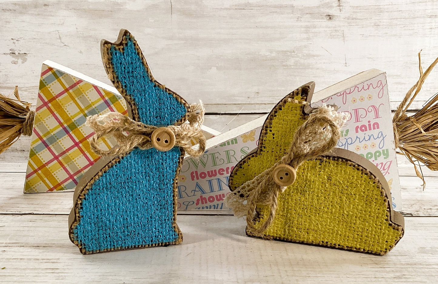 AGD Easter Decor - Spring Plaid Reversible Wood Carrot Runny Rabbit 4pc Set