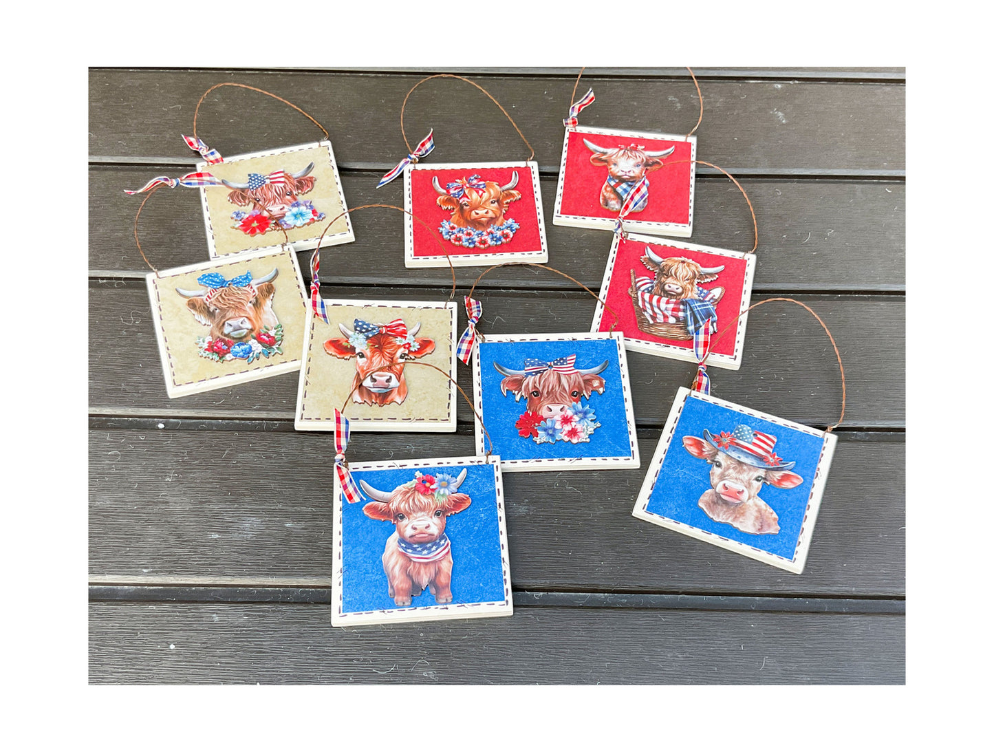 AGD Patriotic Decor - July 4th Highland Cow Metal Star Ornaments 9pc Set