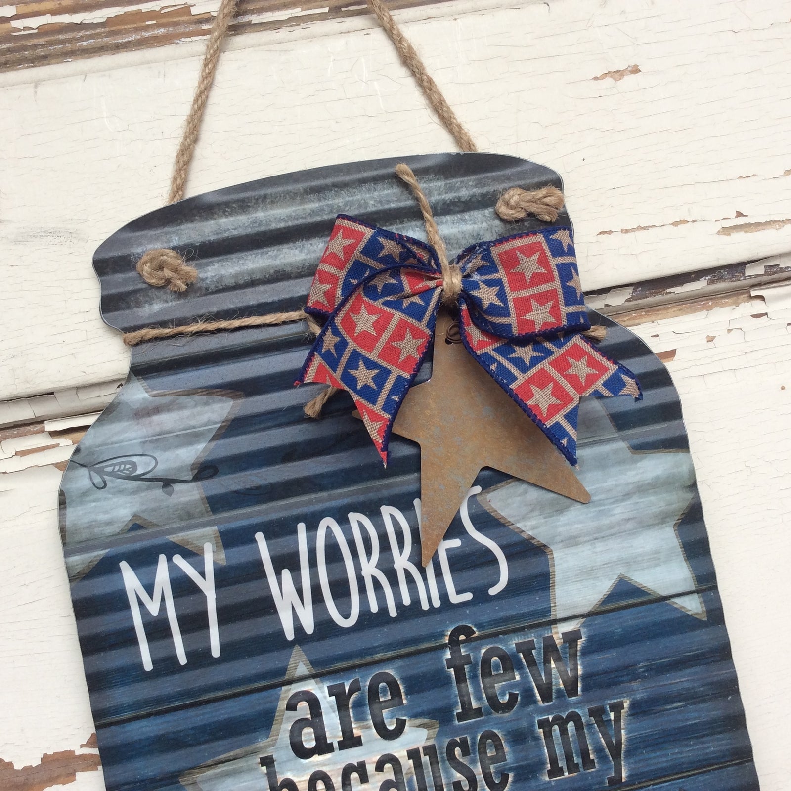 AGD Patriotic Decor - Prim Corrugated Metal Blessings Mason Jar Sign