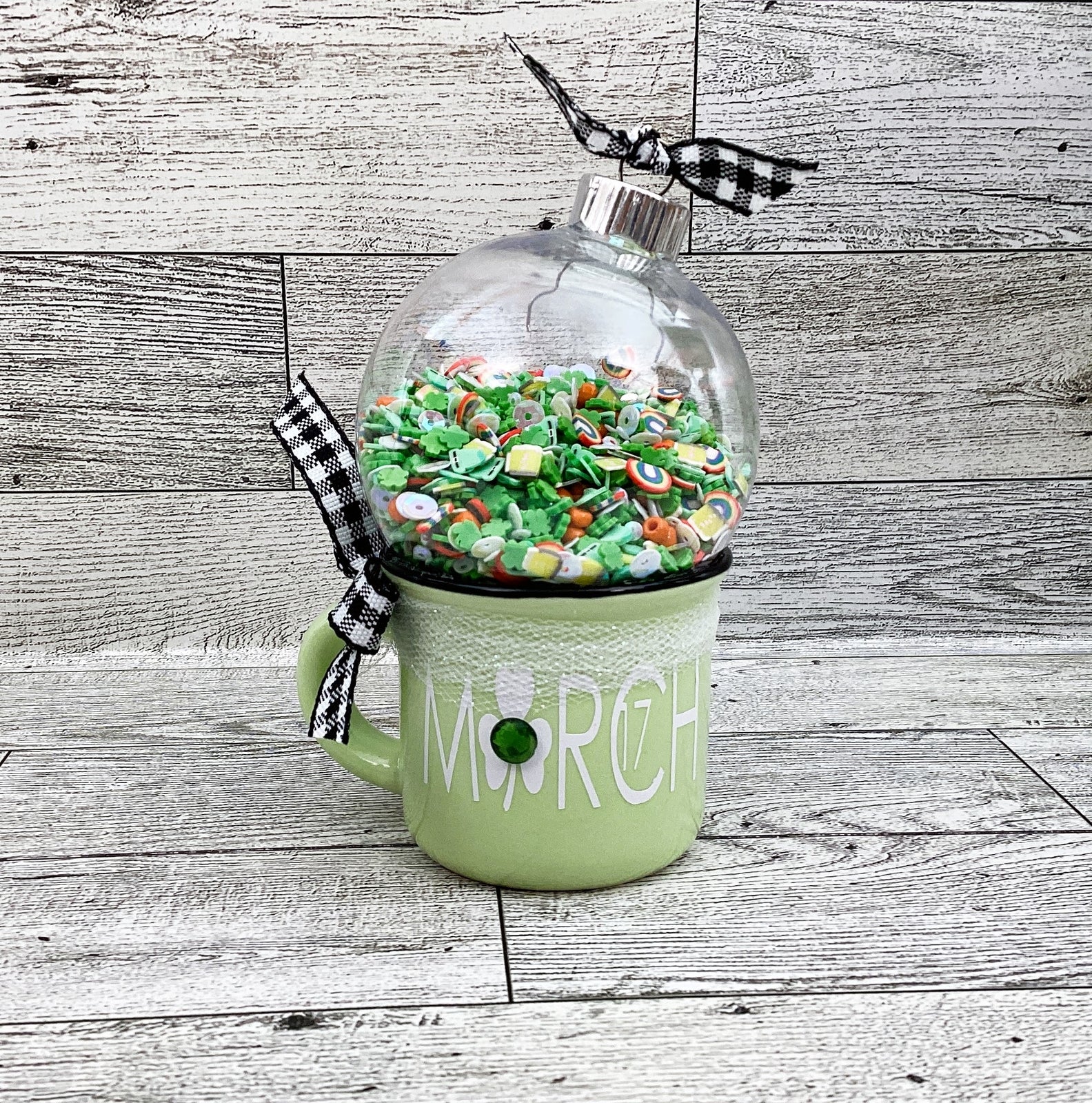 St Patrick Decor, March 17th, Mini Mug Shaker Cup, Irish Clay Sequins, Tier Tray