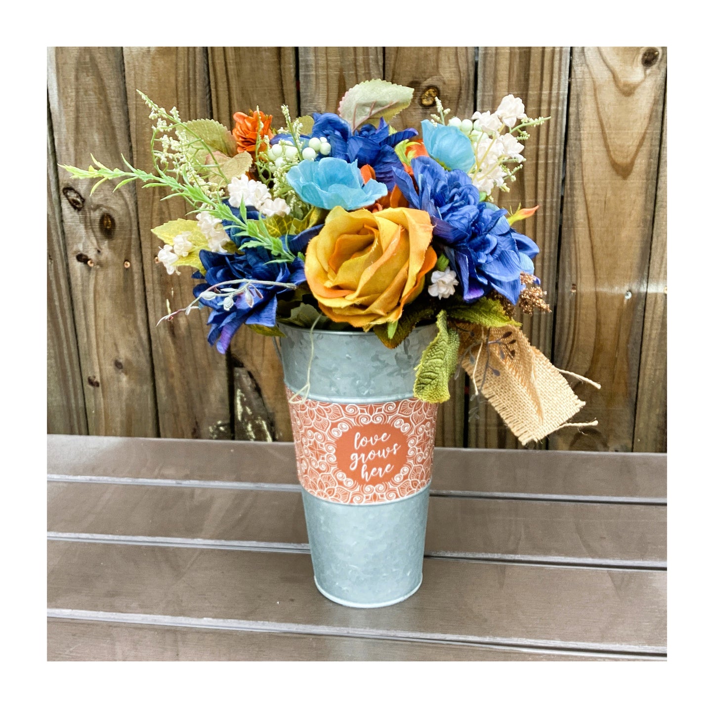 AGD Fall Decor  – Love Grows Here Galvanized Metal Floral Centerpiece