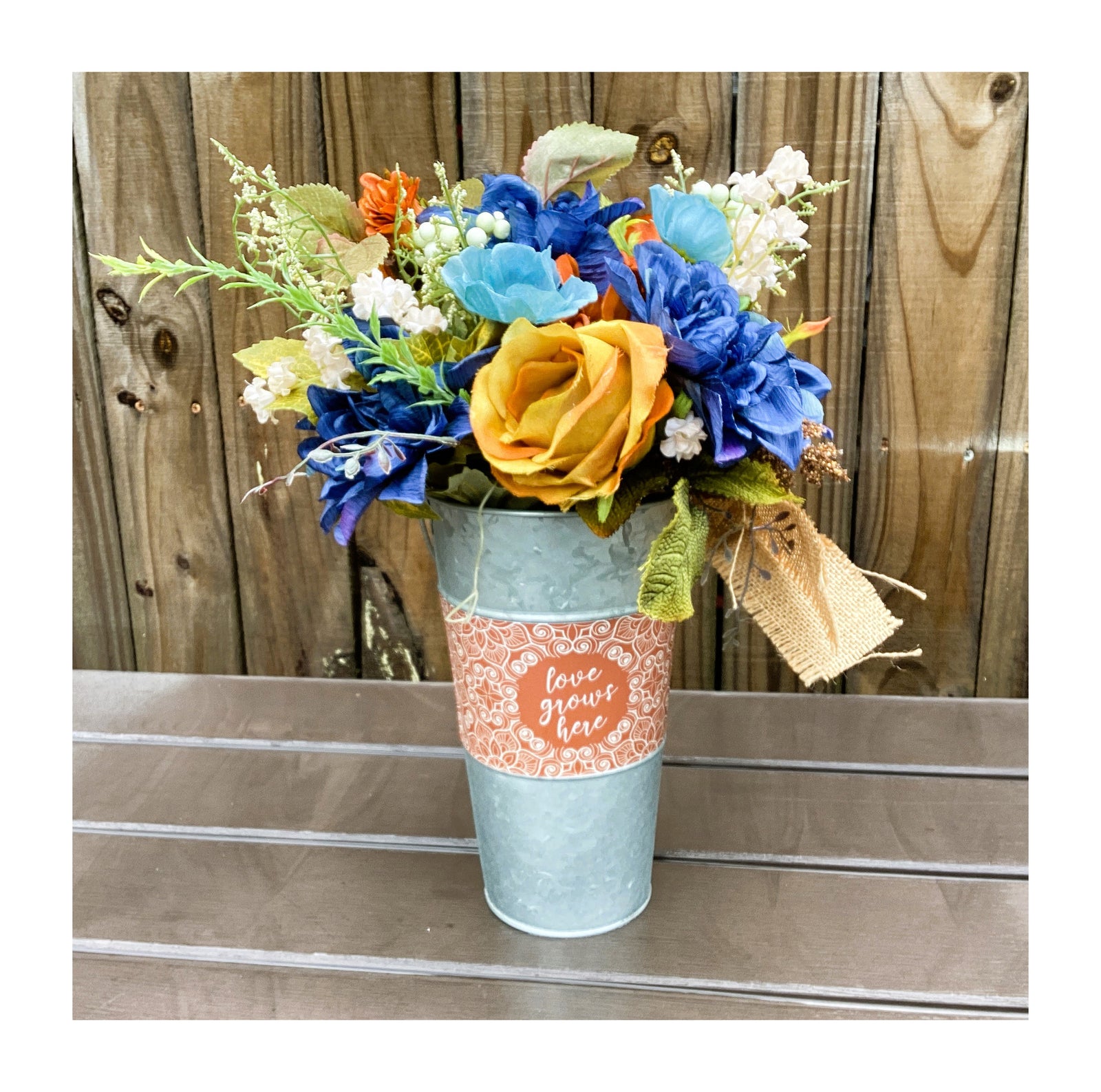 AGD Fall Decor  – Love Grows Here Galvanized Metal Floral Centerpiece