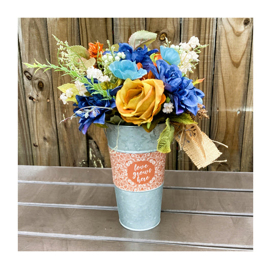 AGD Fall Decor  – Love Grows Here Galvanized Metal Floral Centerpiece