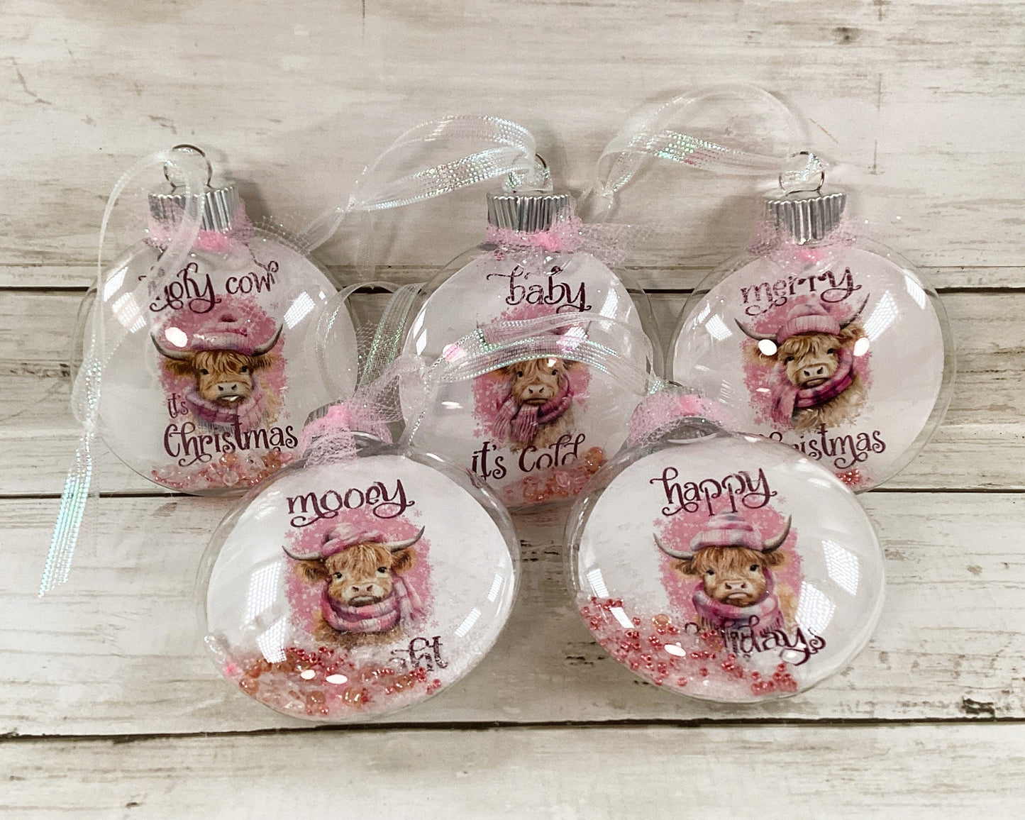 AGD Christmas Decor - Pink Highland Cow Fillable Ornaments 5pc Set