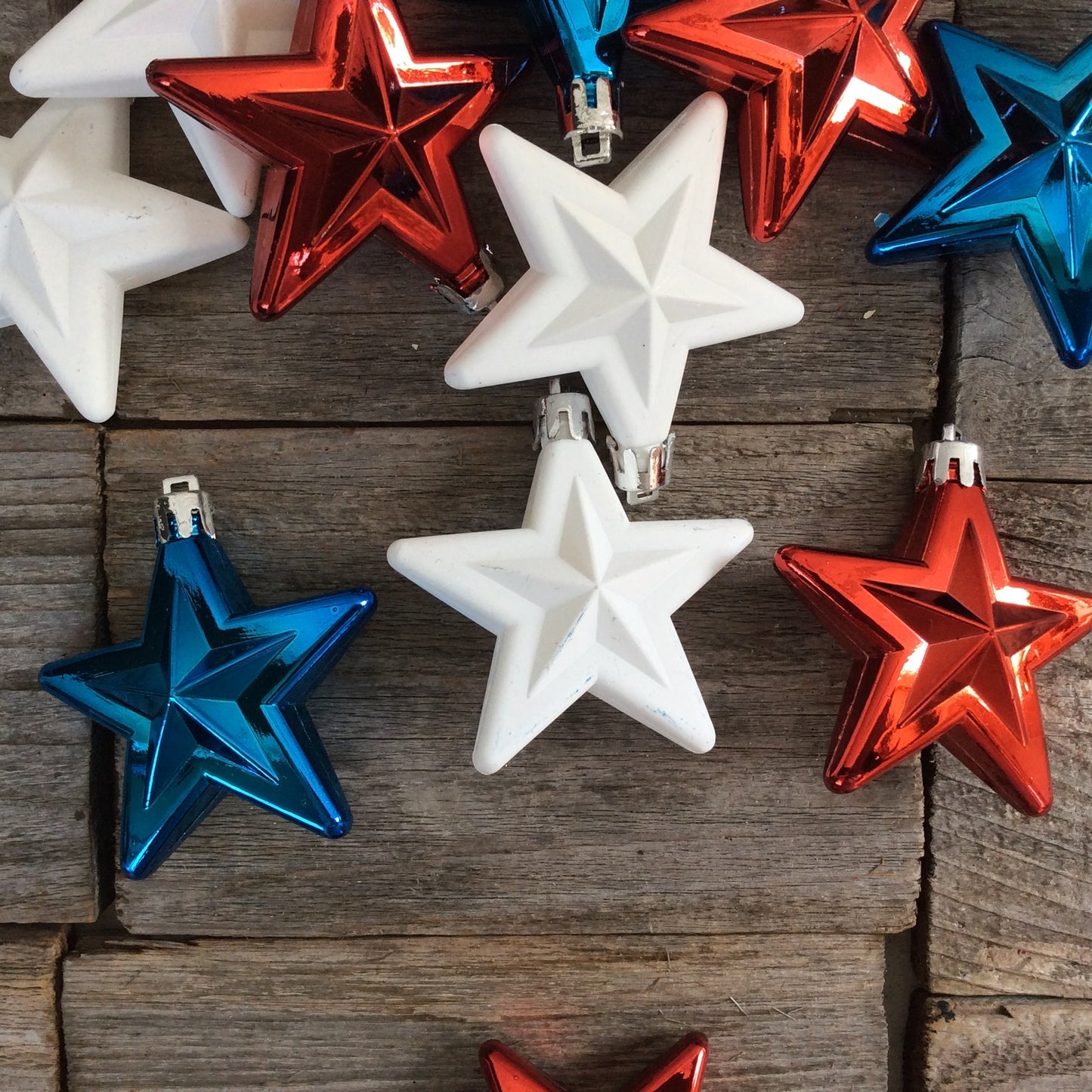 HL Patriotic Decor - Red White Blue Shiny Plastic Ornaments 12pc.