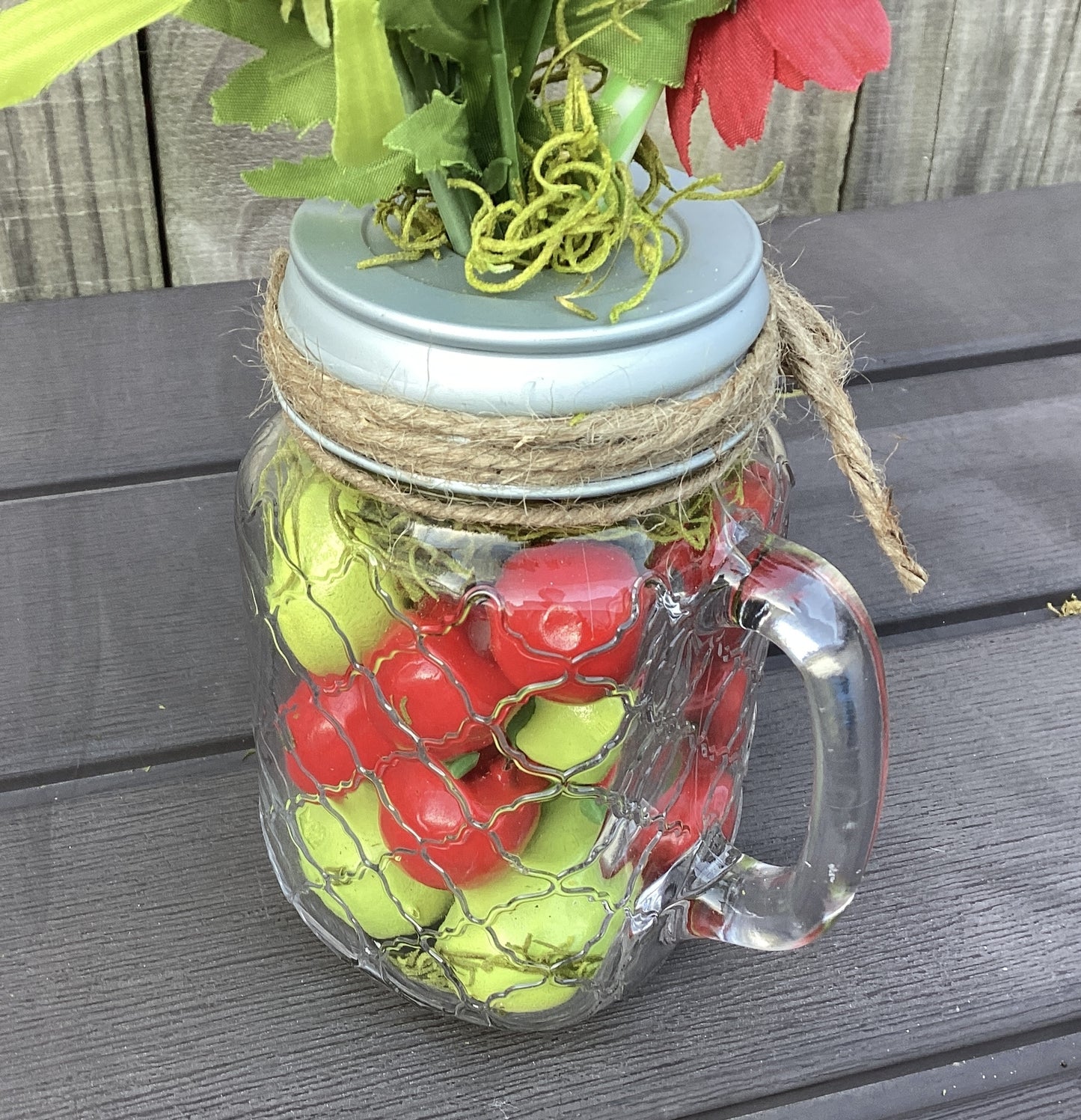 AGD Summer Decor - Faux Cherry Theme Mason Jar Glass Daisy Decor