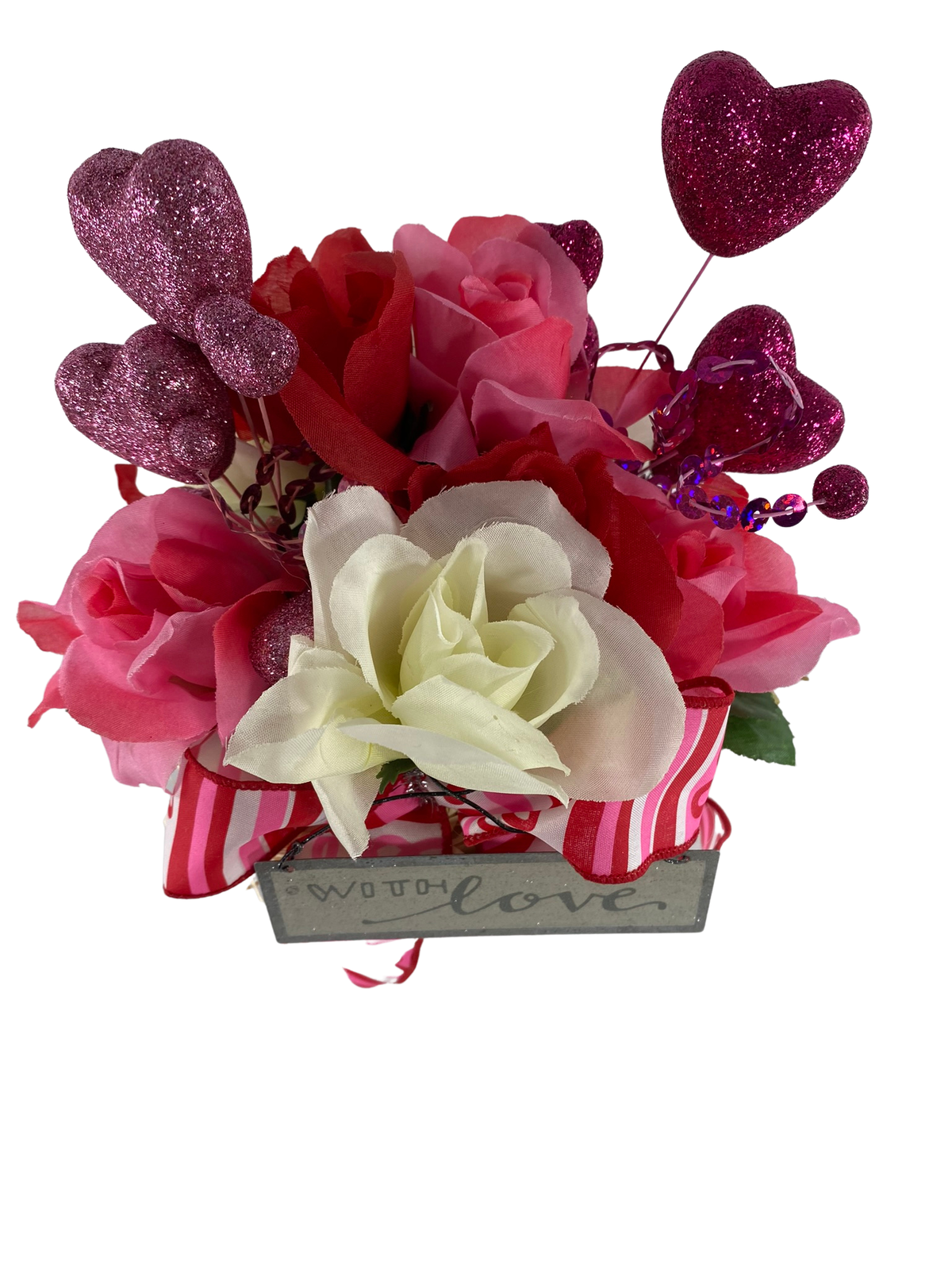 AGD Valentines Decor  – Pink Red White Floral I Love You Small Centerpiece