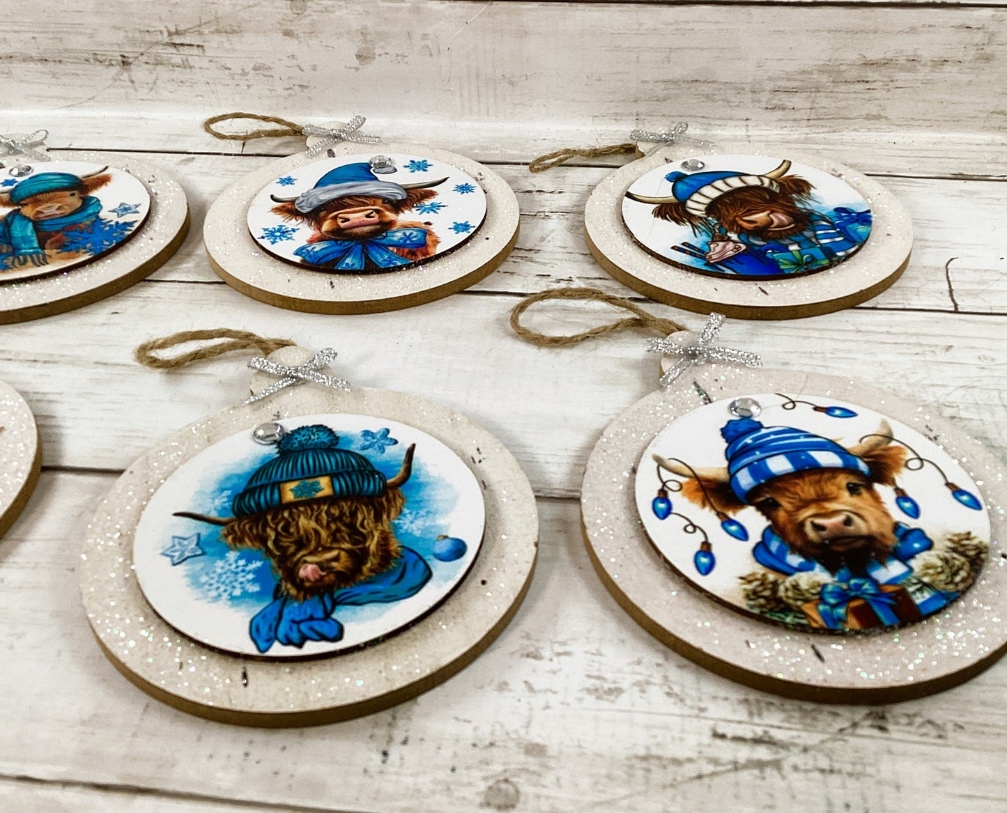 AGD Christmas Decor -  Blue Highland Scottish Cow Ornaments 4pc Set