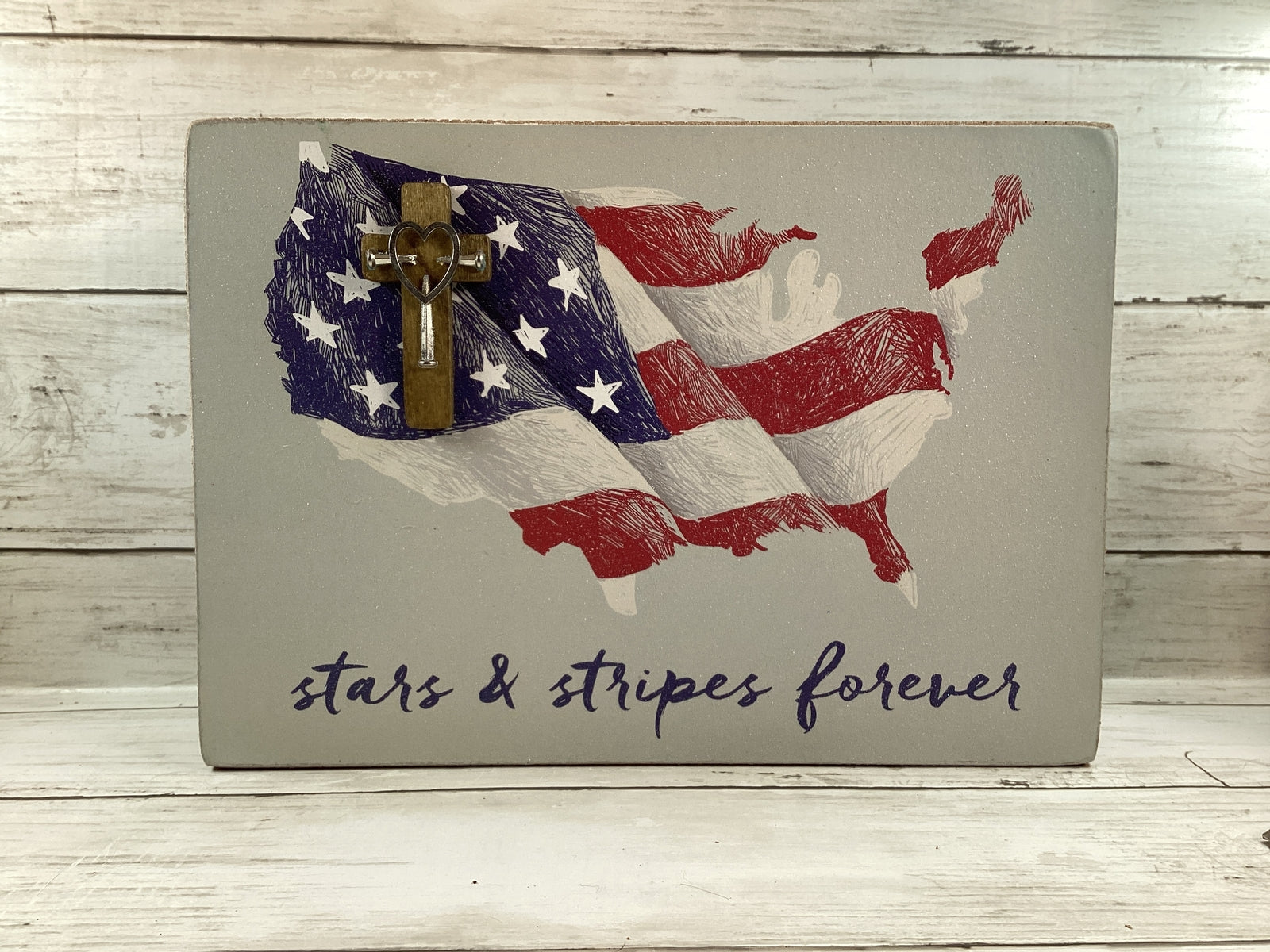 AGD Patriotic Decor - Cross Nails Stars & Stripes Forever Wood Box Sign