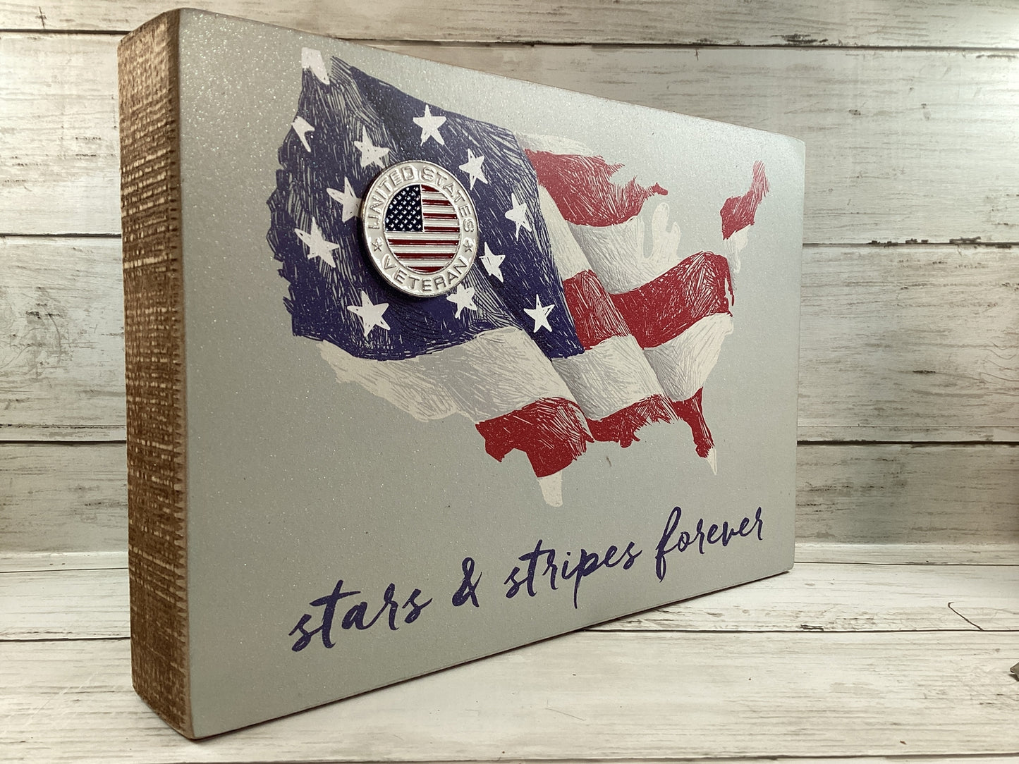 AGD Patriotic Decor - US Veteran Stars & Stripes Forever Wood Box Sign