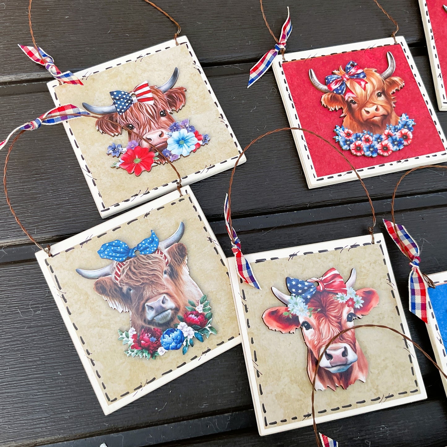 AGD Patriotic Decor - July 4th Highland Cow Metal Star Ornaments 9pc Set