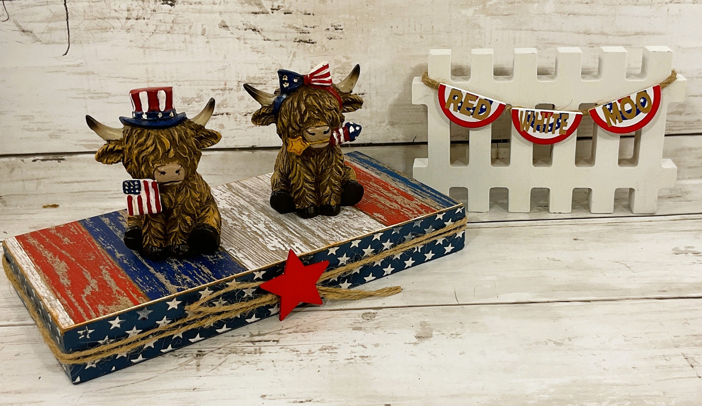 AGD Patriotic Decor - Red White Moo Highland Cows Fence Banner Stand