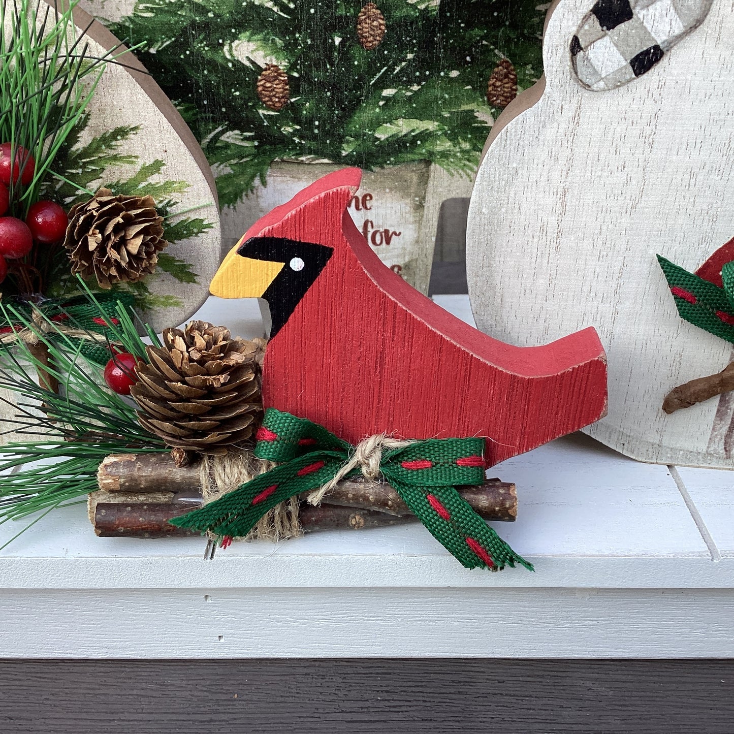 AGD Christmas Decor - Snowmen Cardinal on Sled Mantle Centerpiece 24inch