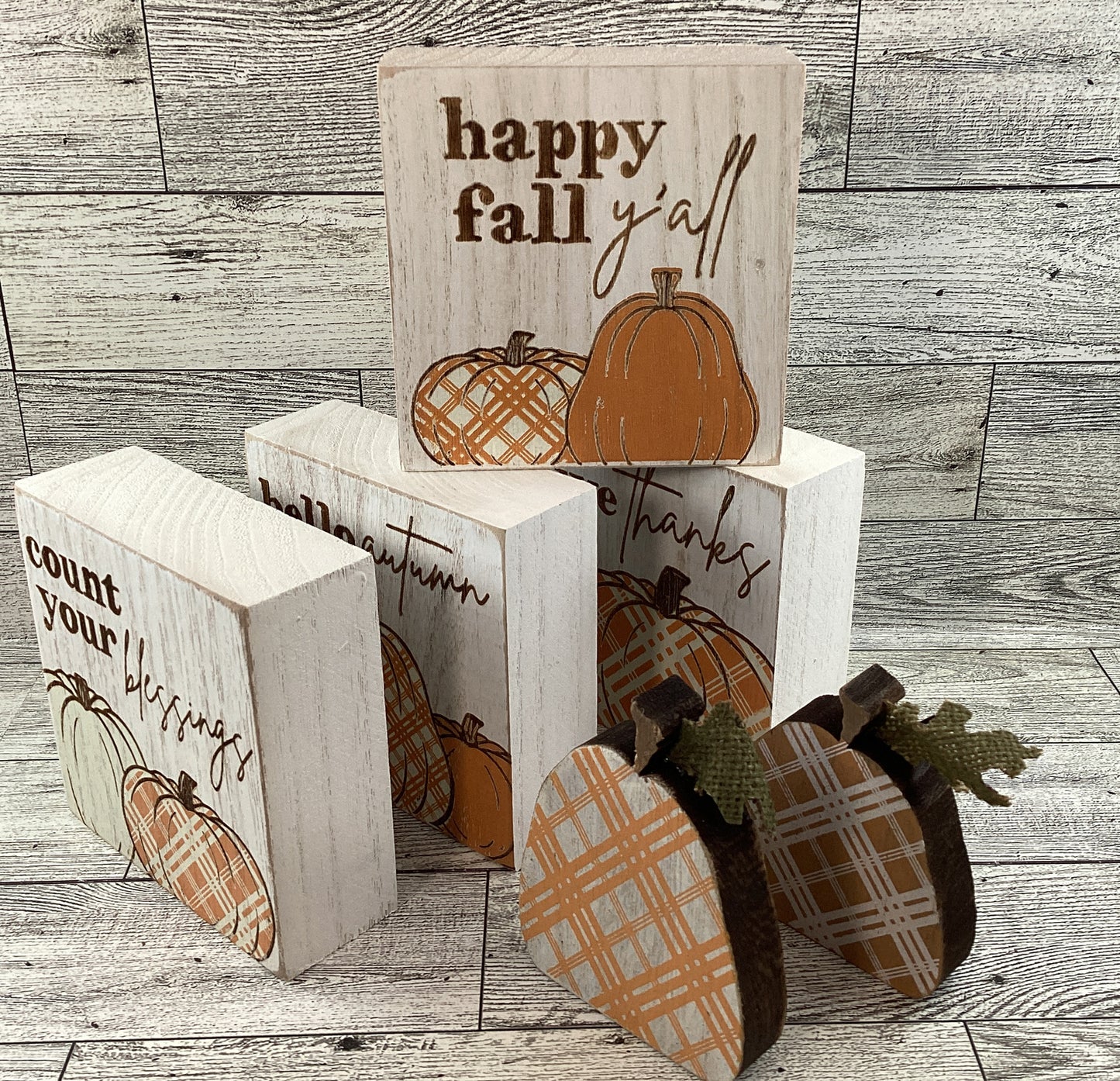 Fall Decor - Chunky Wood Watercolor Plaid Pumpkin and Signs 6pc Set