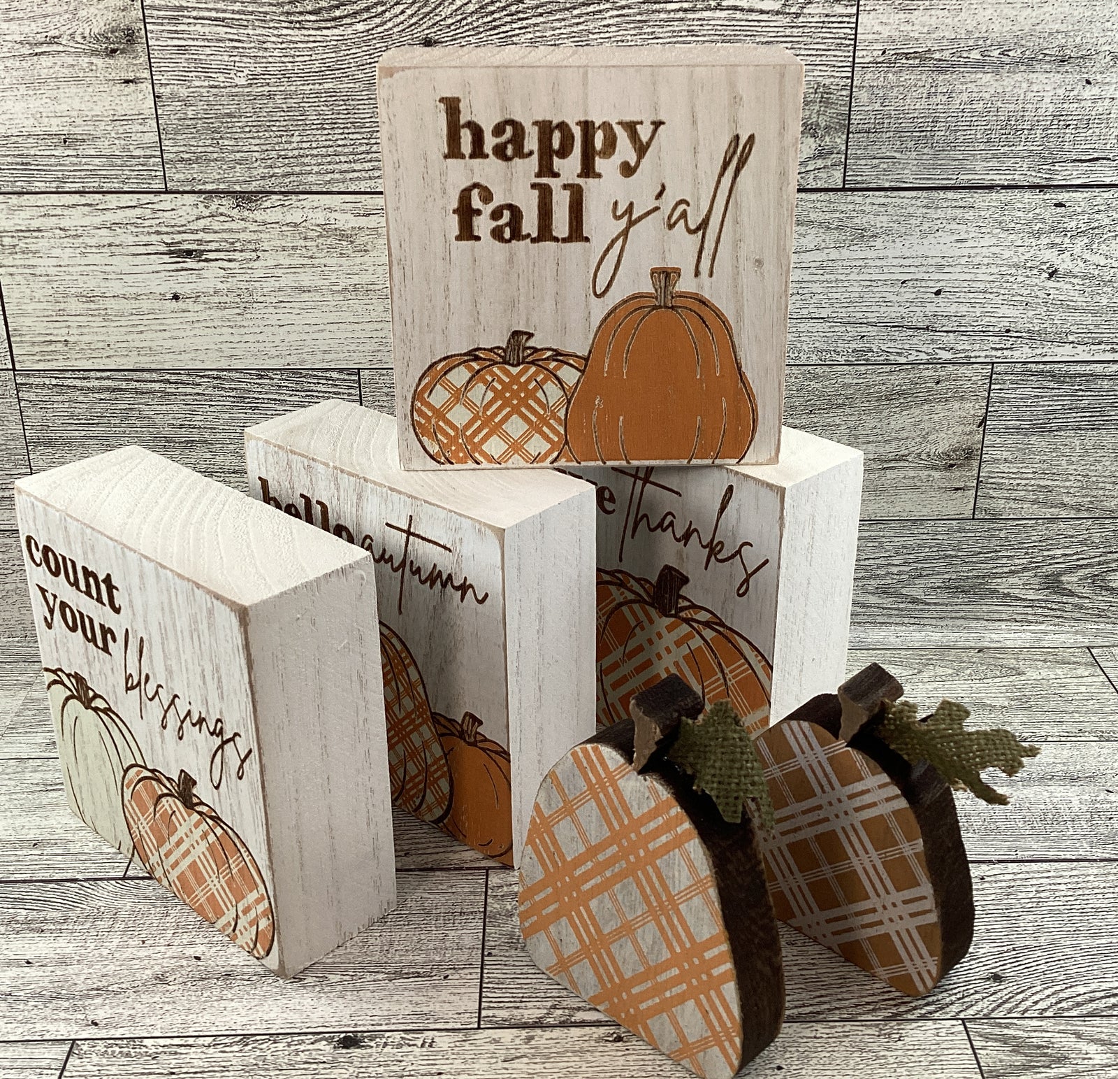 Fall Decor - Chunky Wood Watercolor Plaid Pumpkin and Signs 6pc Set