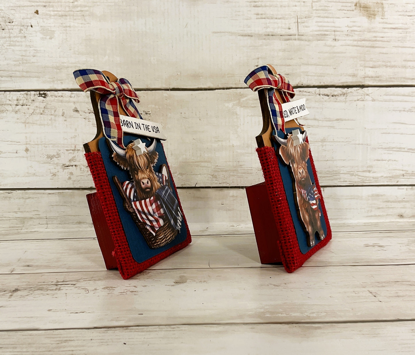 AGD Patriotic Decor- July 4th Red White Moo Highland Cow Signs 2pc