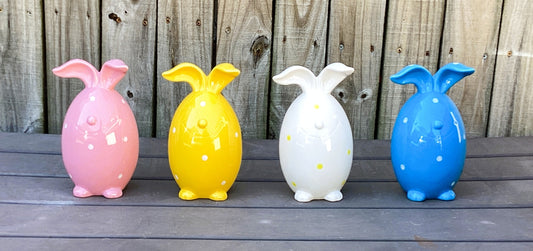 Darice Easter Decor - Ceramic Dolomite Happy Face Bunny Rabbit 4pc Set